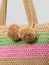 VCAY Color Block Pom Pom Decor Straw Bag