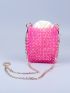 Mini Neon Pink Chain Beaded Crossbody Bag With Inner Pouch