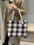 Colorblock Plaid Shoulder Tote Bag