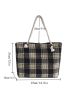 Colorblock Plaid Shoulder Tote Bag