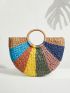 Color Block Ring Handle Design Straw Bag