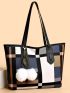 Plaid Pattern Pom Pom Decor Shoulder Tote Bag