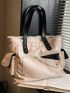 Raw Hem & Studded Detail Large Capacity Shoulder Tote Bag