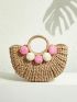 Pom Pom Decor Straw Bag