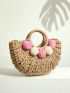 Pom Pom Decor Straw Bag