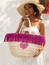 Heart Pattern Fringe Decor Straw Bag