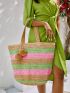 VCAY Color Block Pom Pom Decor Straw Bag