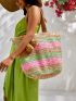 VCAY Color Block Pom Pom Decor Straw Bag