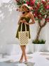 VCAY Checkered Pattern Tassel Decor Straw Bag