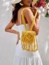 VCAY Mini Hollow Out Fringe Decor Crochet Bag