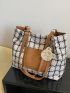 Colorblock Plaid Letter Print Square Bag With Cartoon Bag Charm