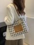 Colorblock Plaid Letter Print Square Bag With Cartoon Bag Charm