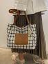 Colorblock Plaid Letter Print Square Bag With Cartoon Bag Charm