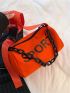 Neon Orange Letter Print Chain Decor Hobo Bag