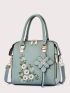 Elegant Floral Pattern Handbag, Women's Fashion Artificial Leather Shoulder Bag, Trendy Double Handle Purse Floral Embroidery Square Bag With Floral Bag Charm, Mothers Day Gift For Mom
