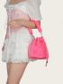 Neon-pink Slogan Embroidered Drawstring Fuzzy Bucket Bag