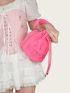 Neon-pink Slogan Embroidered Drawstring Fuzzy Bucket Bag