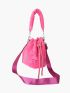 Neon-pink Slogan Embroidered Drawstring Fuzzy Bucket Bag