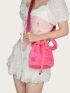 Neon-pink Slogan Embroidered Drawstring Fuzzy Bucket Bag