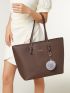 Letter Detail Pom Pom Decor Shoulder Tote Bag With Coin Purse