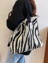 Simple Large-capacity Tote Bag, Retro Knitted Shoulder Bag, Stylish Color Blocking Bag,Zebra Striped Pattern Crochet Bag