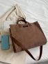 Letter Patch Decor Corduroy Top Handle Bag