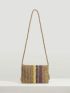 VCAY Color Block Tassel Decor Flap Straw Bag