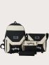 4pcs Colorblock Letter Patch Decor Backpack Set