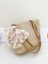 Floral Embroidered Bow Decor Straw Bag