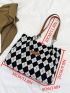 Argyle Pattern Letter Patch Decor Shoulder Tote Bag