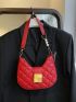 Neon Red Quilted Faux Pearl Decor Hobo Bag