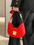 Neon Red Quilted Faux Pearl Decor Hobo Bag