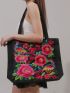 Flower & Bird Embroidered Tote Bag, Large Capacity Shoulder Bag, Stylish Handbag Floral & Bird Pattern Shopper Bag, Mothers Day Gift For Mom