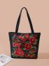 Flower & Bird Embroidered Tote Bag, Large Capacity Shoulder Bag, Stylish Handbag Floral & Bird Pattern Shopper Bag, Mothers Day Gift For Mom