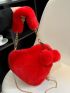 Neon Red Heart Design Satchel Pom Pom Decor Fluffy Novelty Bag