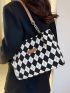 Argyle Pattern Letter Patch Decor Shoulder Tote Bag