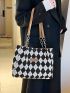 Argyle Pattern Letter Patch Decor Shoulder Tote Bag