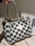 Checkered Pattern Letter Patch Decor Fuzzy Shoulder Tote Bag