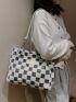 Checkered Pattern Letter Patch Decor Fuzzy Shoulder Tote Bag