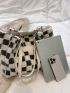 Checkered Pattern Letter Patch Decor Fuzzy Shoulder Tote Bag