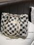 Checkered Pattern Letter Patch Decor Fuzzy Shoulder Tote Bag