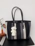 Striped Pattern Shoulder Tote Bag With Cartoon Bear Bag Charm