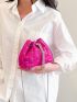 Mini Neon-pink Heart Embroidered Faux Pearl Decor Chain Bucket Bag