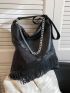 Fringe Trim Chain & Studded Decor Hobo Bag