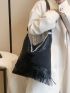 Fringe Trim Chain & Studded Decor Hobo Bag