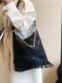 Fringe Trim Chain & Studded Decor Hobo Bag