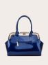 Metal Edge Artificial Patent Leather Rhinestone Decor Top Handbag, Large Solid Color Satchel Bag, Women's Office & Work Purse