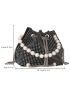 Mini Studded & Faux Pearl Decor Drawstring Design Chain Bucket Bag