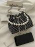Mini Studded & Faux Pearl Decor Drawstring Design Chain Bucket Bag