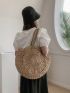 Simple Large Capacity Tote Straw Bag, All-Match Travel Storage Bag, Trendy Beach Bag Hollow Out Straw Bag